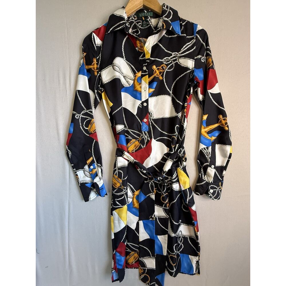 Lauren Ralph Lauren Nautical Silk Shirt Dress Women’s Size 2 Rope Flag Anchor